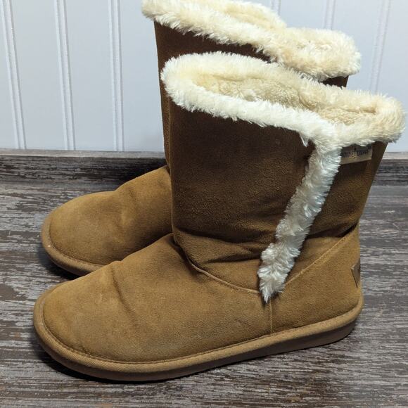 Minnetonka Women's Tan Mid Calf Suede Faux Fur Slip On Boots Size 8 M - Picture 3 of 7